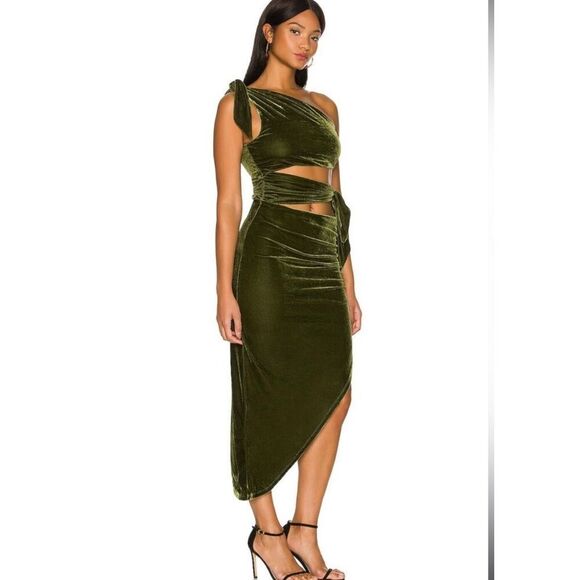 Lovers & Friends Tessa Midi Dark Green Velvet Slit  Dress, Size Small - Picture 1 of 7
